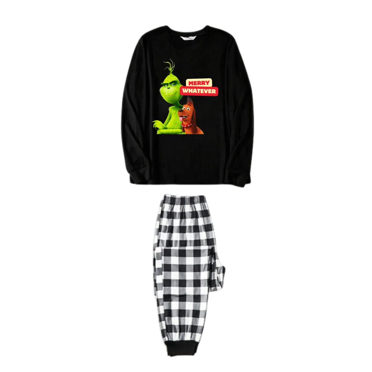 Cartoon Pattern and "Merry Whatever" Text Printed Black and White Plaid Family Matching Pajamas
