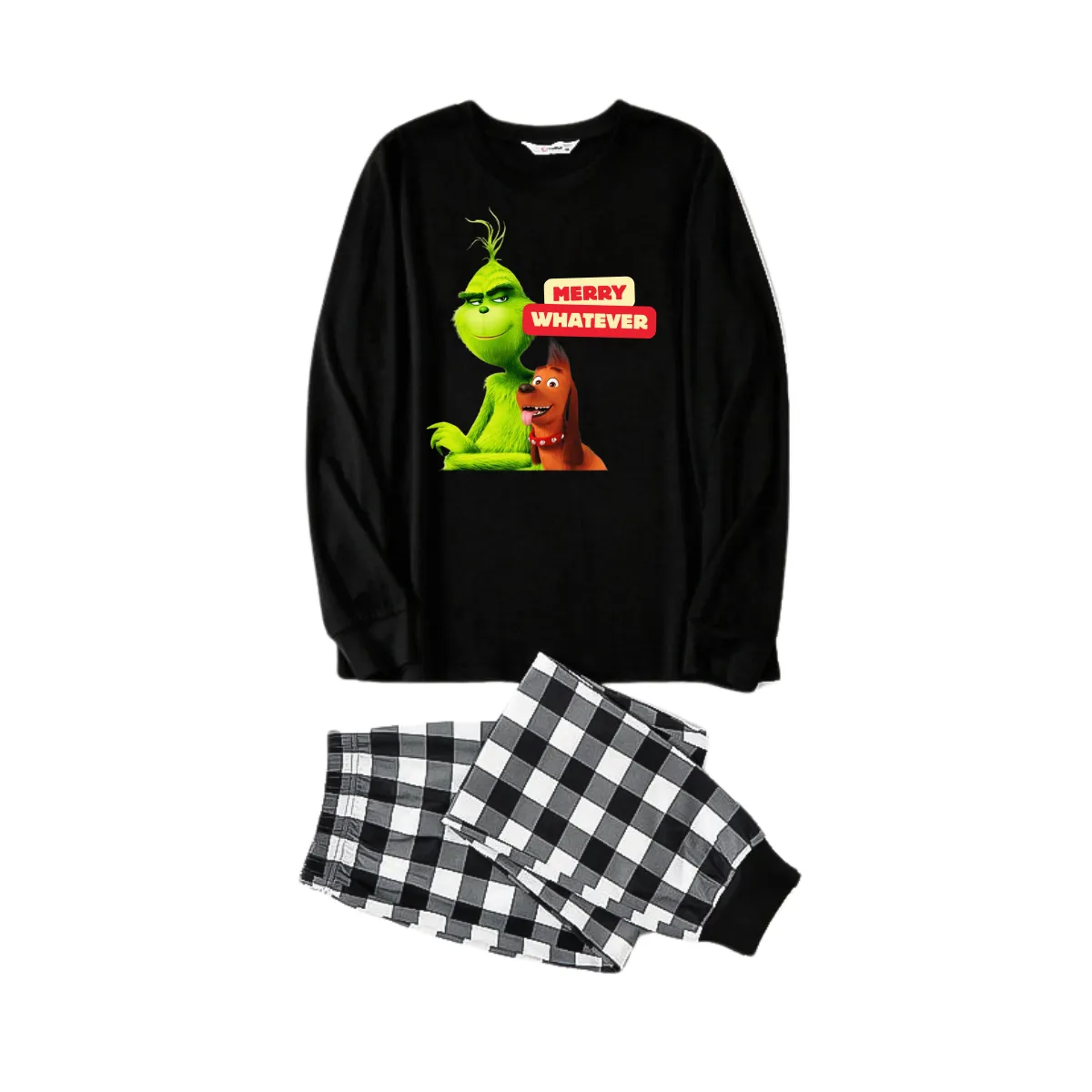 Cartoon Pattern and "Merry Whatever" Text Printed Black and White Plaid Family Matching Pajamas