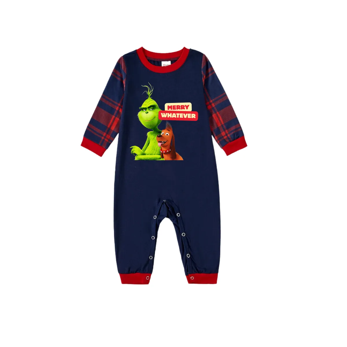 Cartoon Pattern and "Merry Whatever" Text Printed Blue Top Red&Blue Plaid Pants Family Matching Pajamas