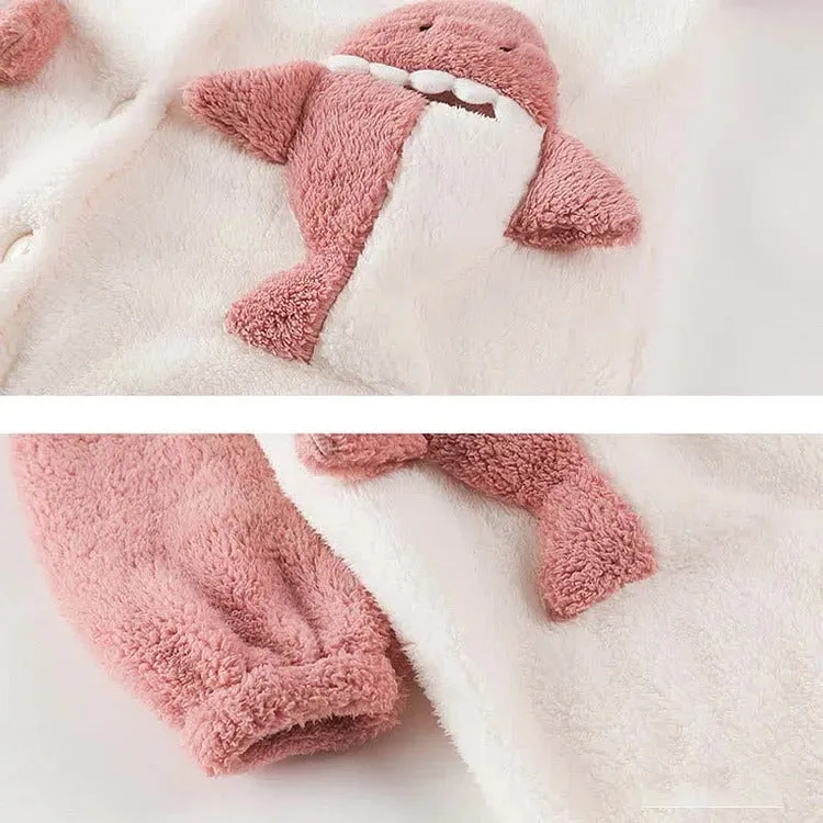 Cartoon Shark Plush Pockets Hooded Pajamas Dress Pants Two Piece Set