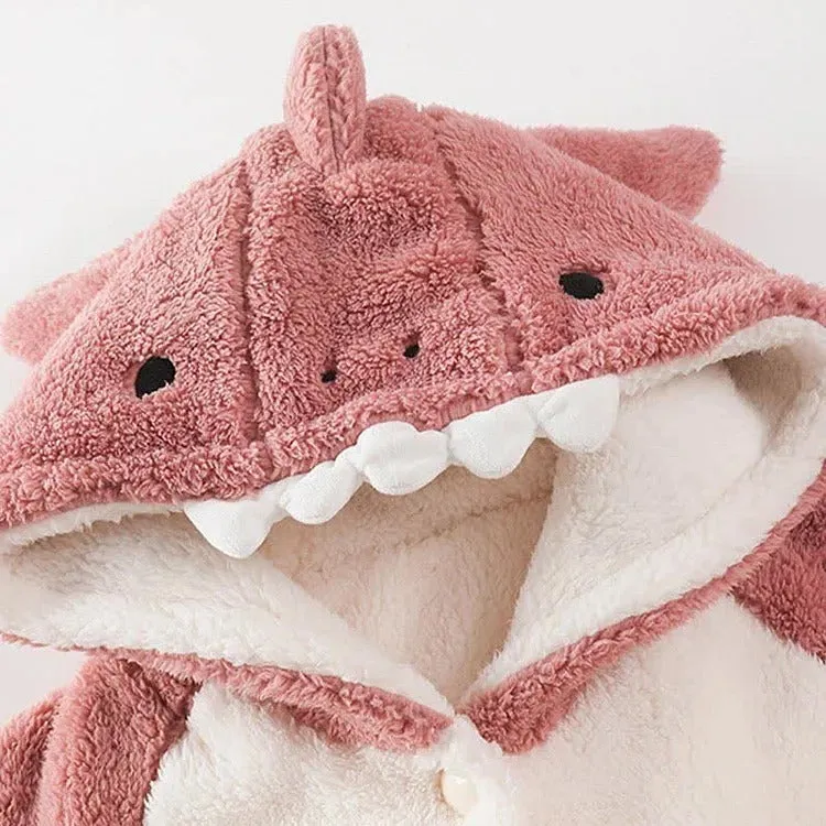 Cartoon Shark Plush Pockets Hooded Pajamas Dress Pants Two Piece Set