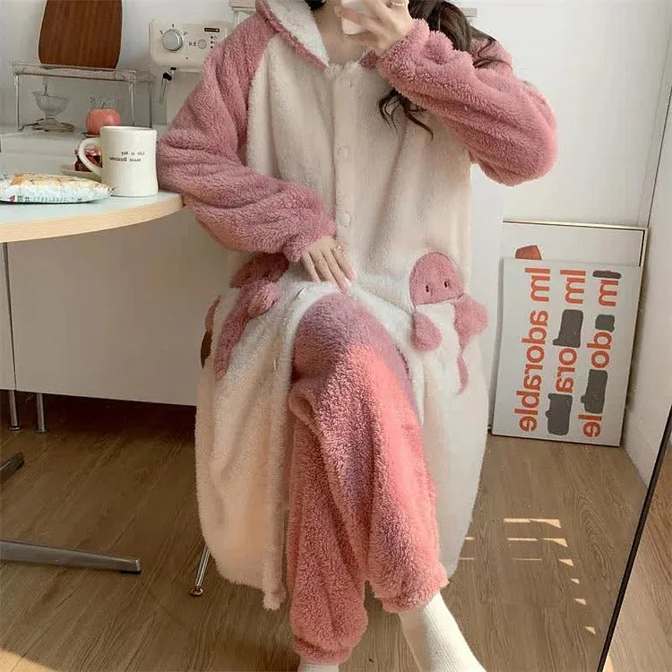 Cartoon Shark Plush Pockets Hooded Pajamas Dress Pants Two Piece Set