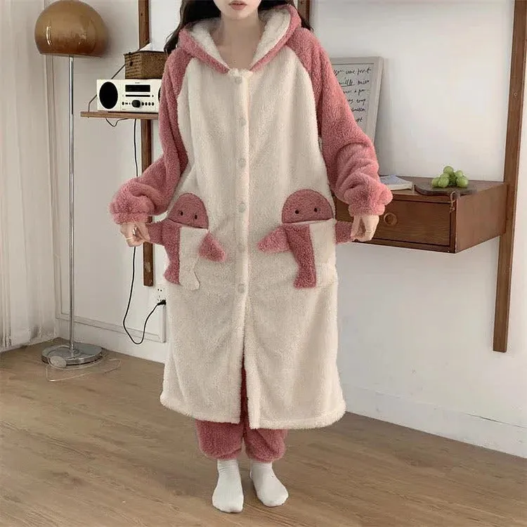 Cartoon Shark Plush Pockets Hooded Pajamas Dress Pants Two Piece Set