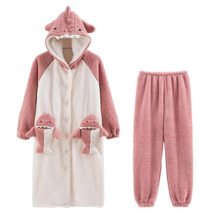 Cartoon Shark Plush Pockets Hooded Pajamas Dress Pants Two Piece Set