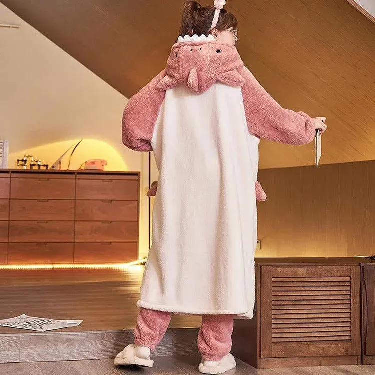 Cartoon Shark Plush Pockets Hooded Pajamas Dress Pants Two Piece Set