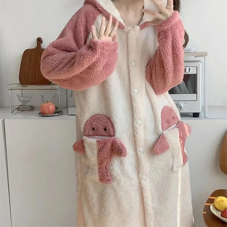 Cartoon Shark Plush Pockets Hooded Pajamas Dress Pants Two Piece Set
