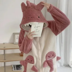 Cartoon Shark Plush Pockets Hooded Pajamas Dress Pants Two Piece Set