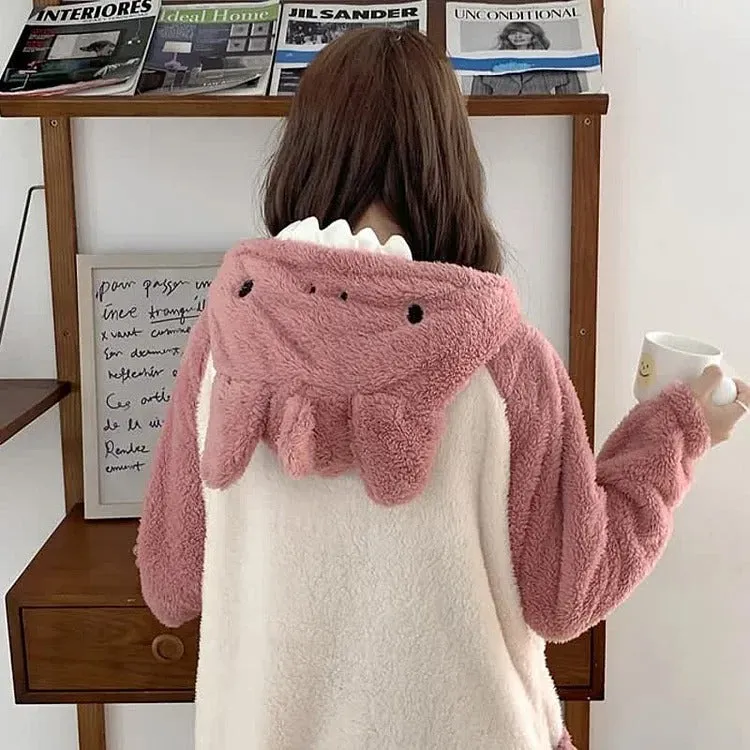 Cartoon Shark Plush Pockets Hooded Pajamas Dress Pants Two Piece Set