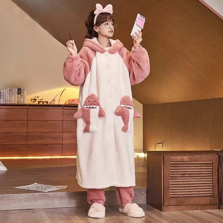 Cartoon Shark Plush Pockets Hooded Pajamas Dress Pants Two Piece Set