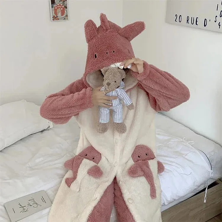 Cartoon Shark Plush Pockets Hooded Pajamas Dress Pants Two Piece Set