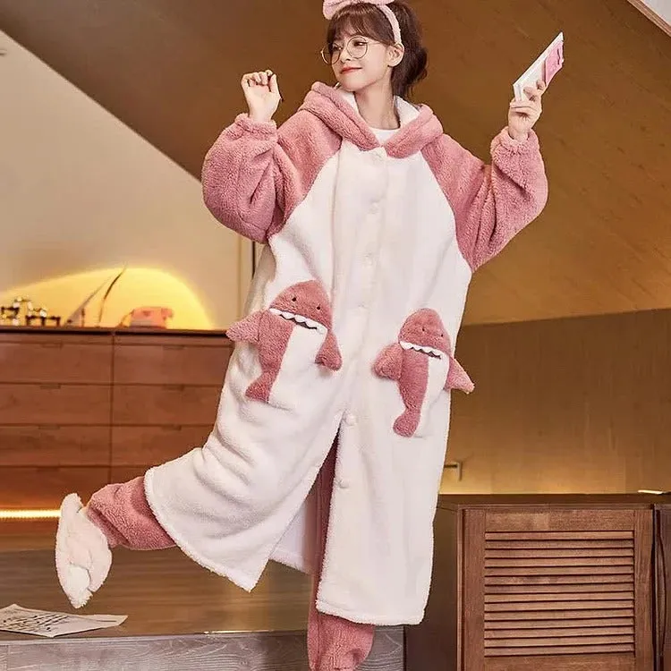 Cartoon Shark Plush Pockets Hooded Pajamas Dress Pants Two Piece Set
