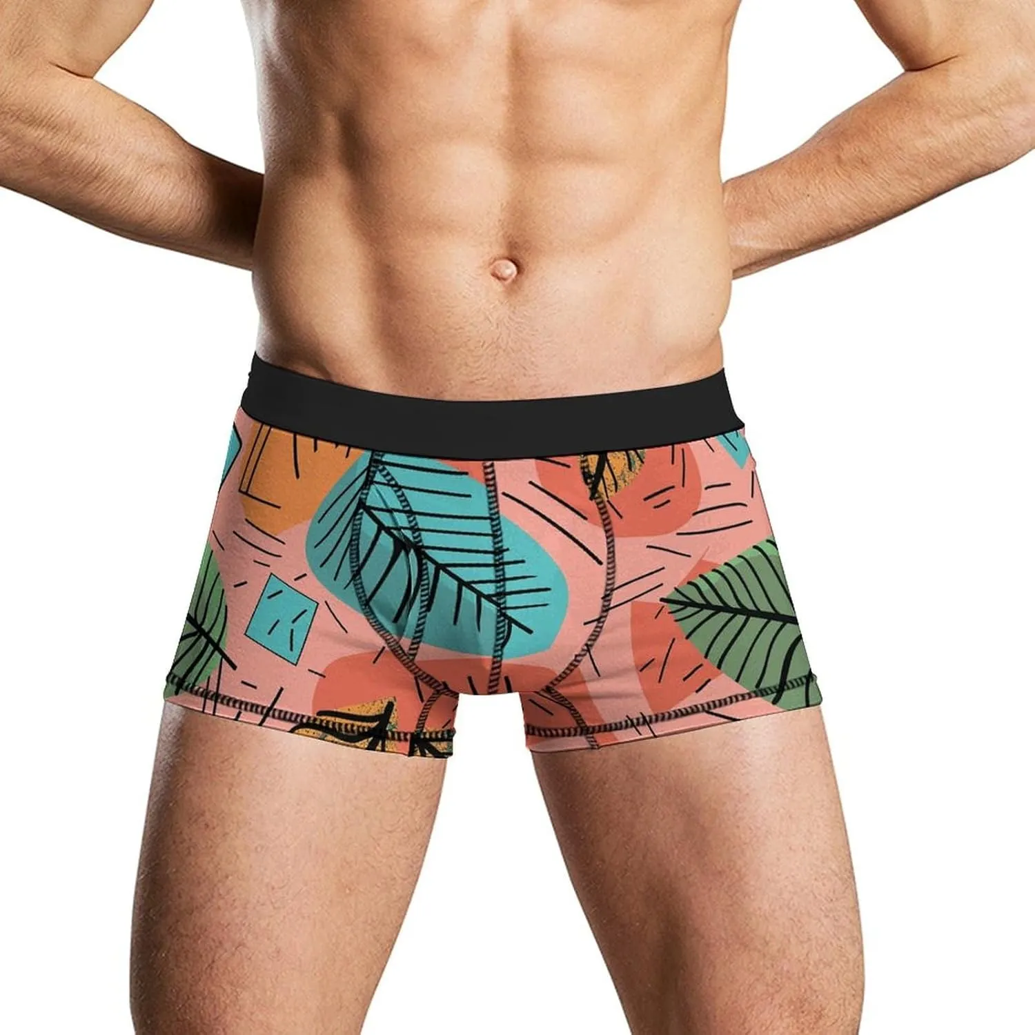Cartoon Style Leaves Mens Boxer Briefs Short Breathable Underwear Trunks Soft Moisture-Wicking Boxer Shorts