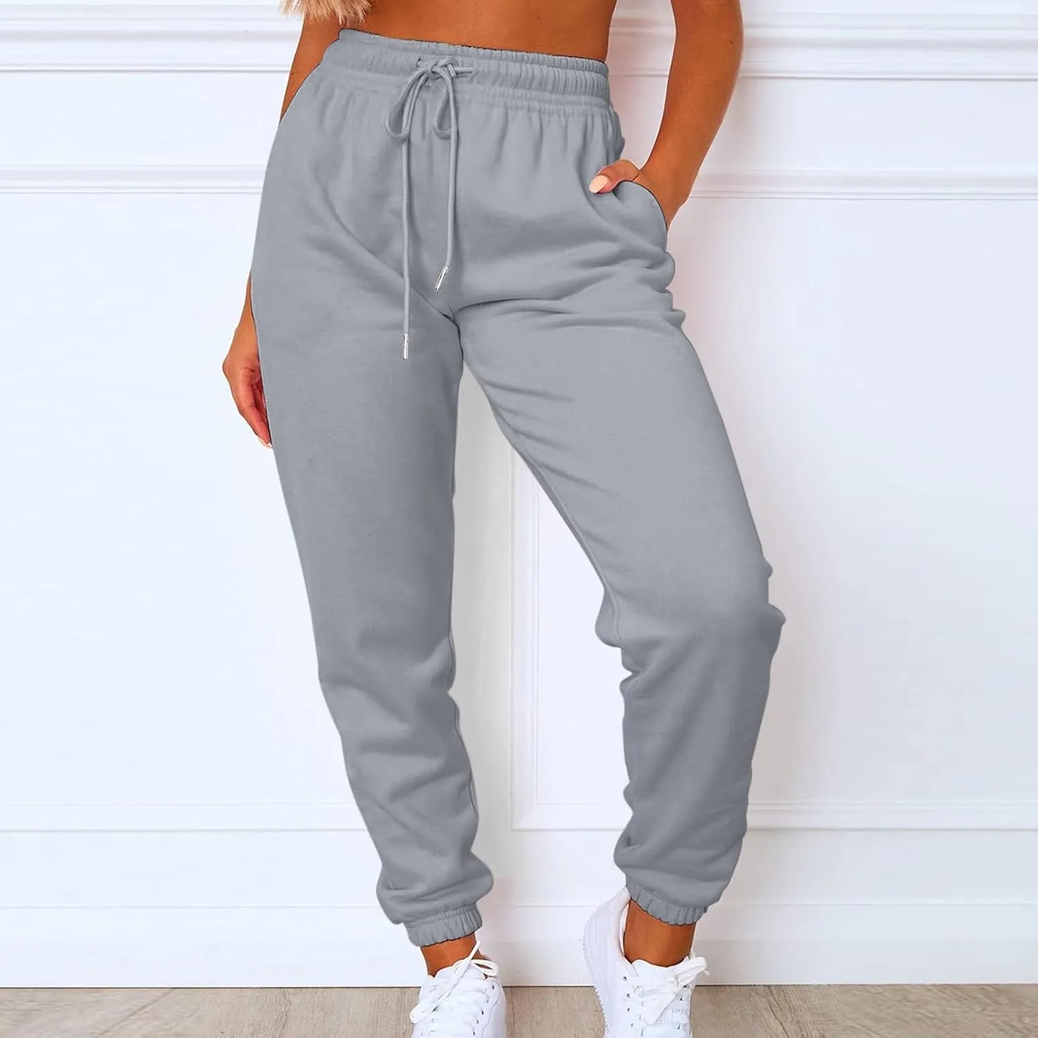 Casual Joggers for Women Fleece Elastic High Waisted Yoga Sweatpants Baggy Comfy Lounge Pants with Pockets