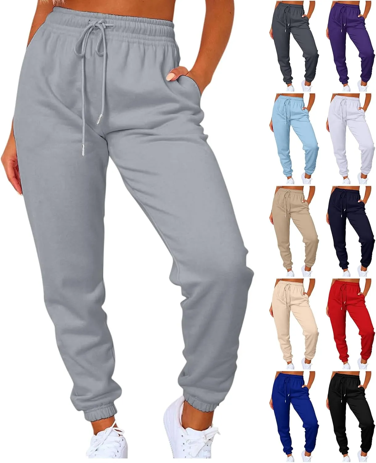 Casual Joggers for Women Fleece Elastic High Waisted Yoga Sweatpants Baggy Comfy Lounge Pants with Pockets