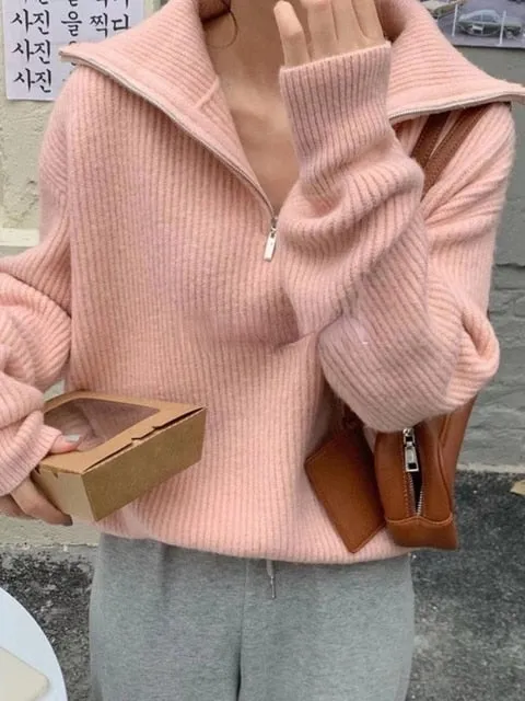 Casual Oversized Knitted Sweater for Women – Stylish Autumn Pullover with Zipper & Lapel, Korean Fashion Knit Jumper