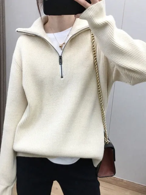Casual Oversized Knitted Sweater for Women – Stylish Autumn Pullover with Zipper & Lapel, Korean Fashion Knit Jumper