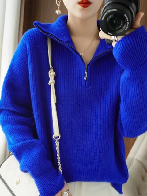 Casual Oversized Knitted Sweater for Women – Stylish Autumn Pullover with Zipper & Lapel, Korean Fashion Knit Jumper