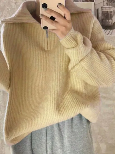 Casual Oversized Knitted Sweater for Women – Stylish Autumn Pullover with Zipper & Lapel, Korean Fashion Knit Jumper