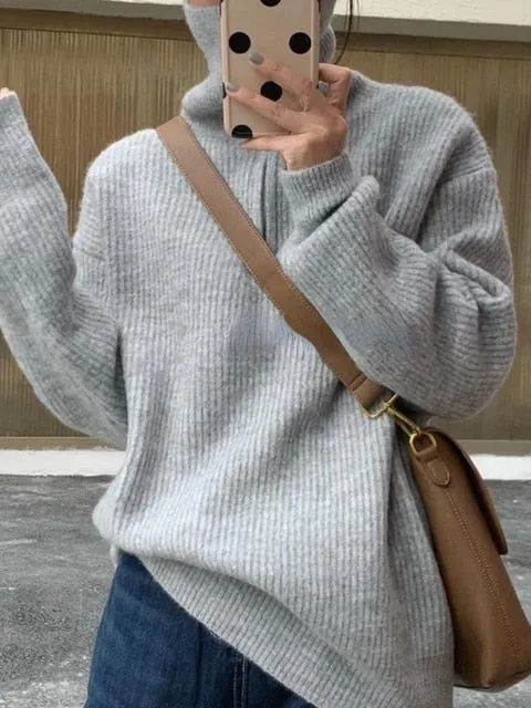 Casual Oversized Knitted Sweater for Women – Stylish Autumn Pullover with Zipper & Lapel, Korean Fashion Knit Jumper