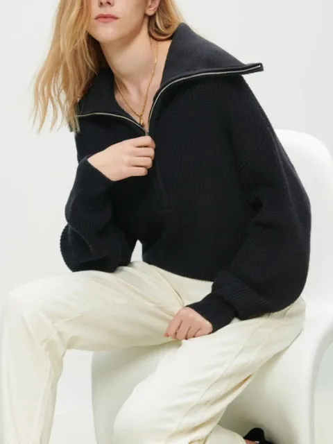 Casual Oversized Knitted Sweater for Women – Stylish Autumn Pullover with Zipper & Lapel, Korean Fashion Knit Jumper