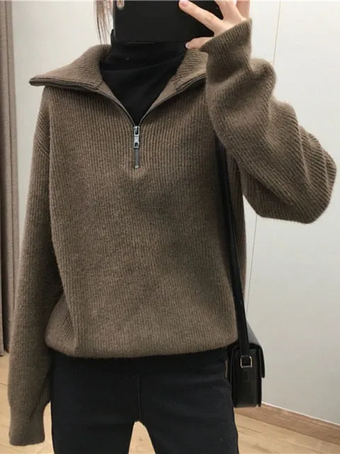 Casual Oversized Knitted Sweater for Women – Stylish Autumn Pullover with Zipper & Lapel, Korean Fashion Knit Jumper