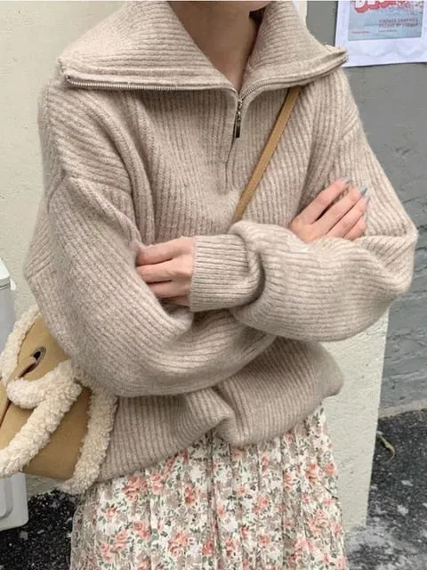 Casual Oversized Knitted Sweater for Women – Stylish Autumn Pullover with Zipper & Lapel, Korean Fashion Knit Jumper