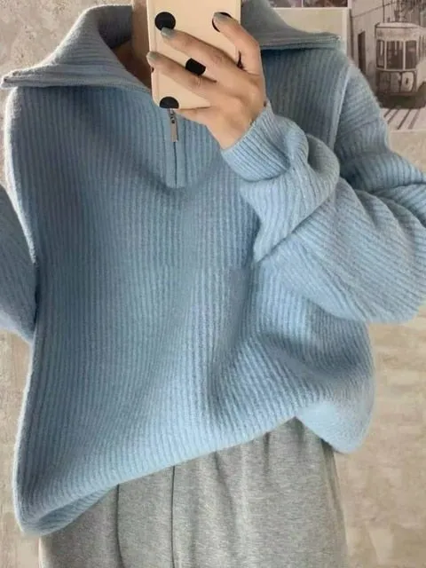 Casual Oversized Knitted Sweater for Women – Stylish Autumn Pullover with Zipper & Lapel, Korean Fashion Knit Jumper