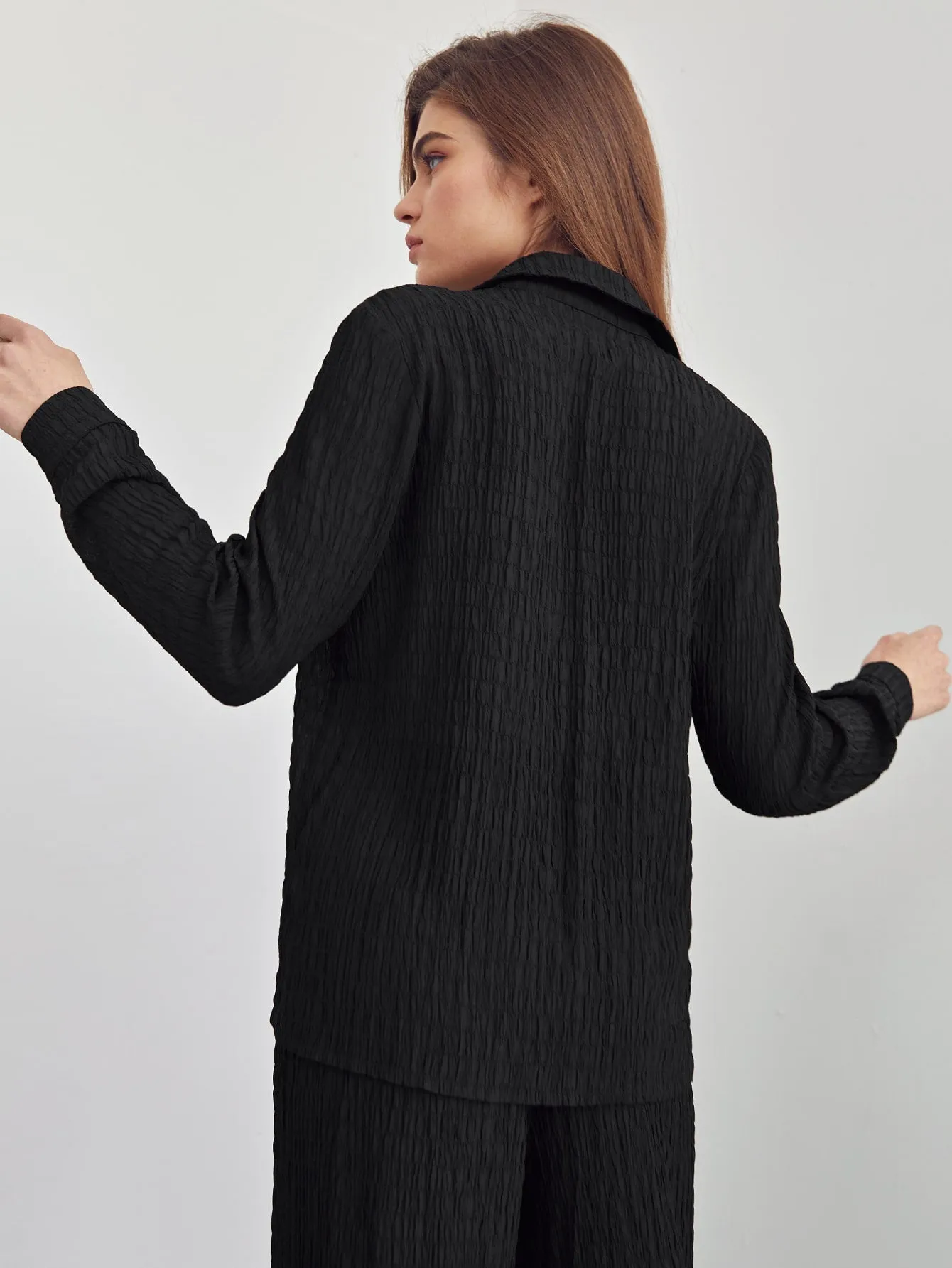Casual Plain Button Front Long Sleeve Collar Women Lounge Sets