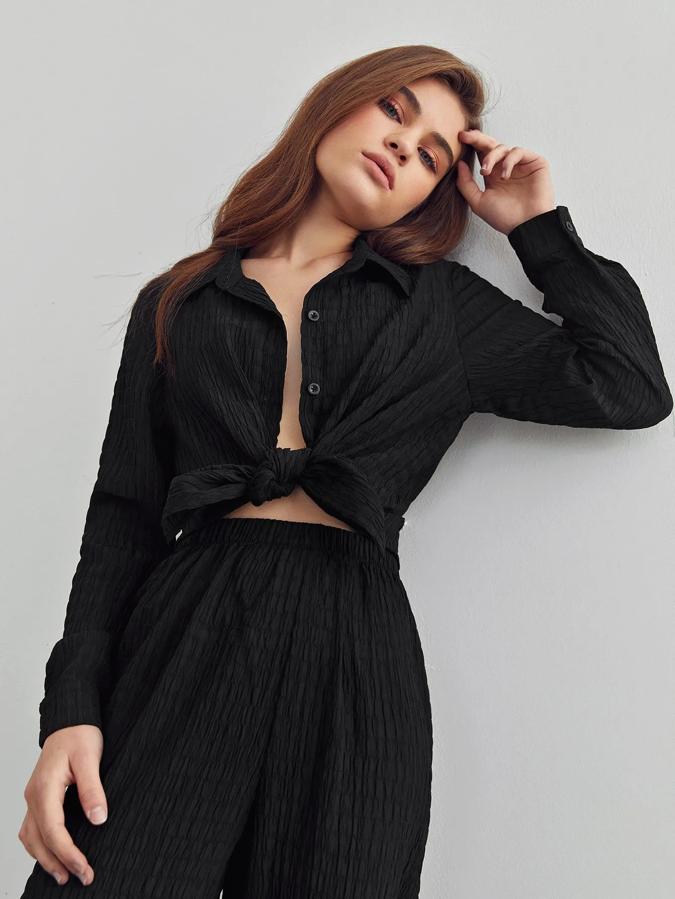 Casual Plain Button Front Long Sleeve Collar Women Lounge Sets