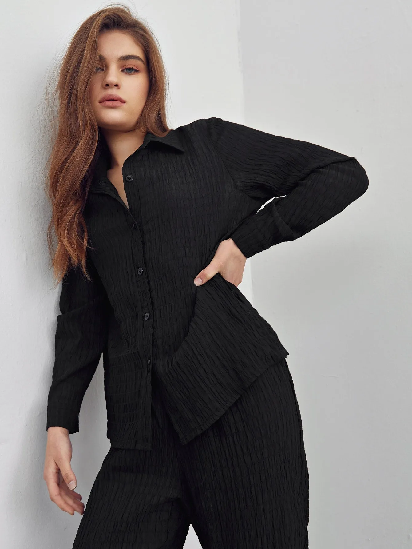 Casual Plain Button Front Long Sleeve Collar Women Lounge Sets