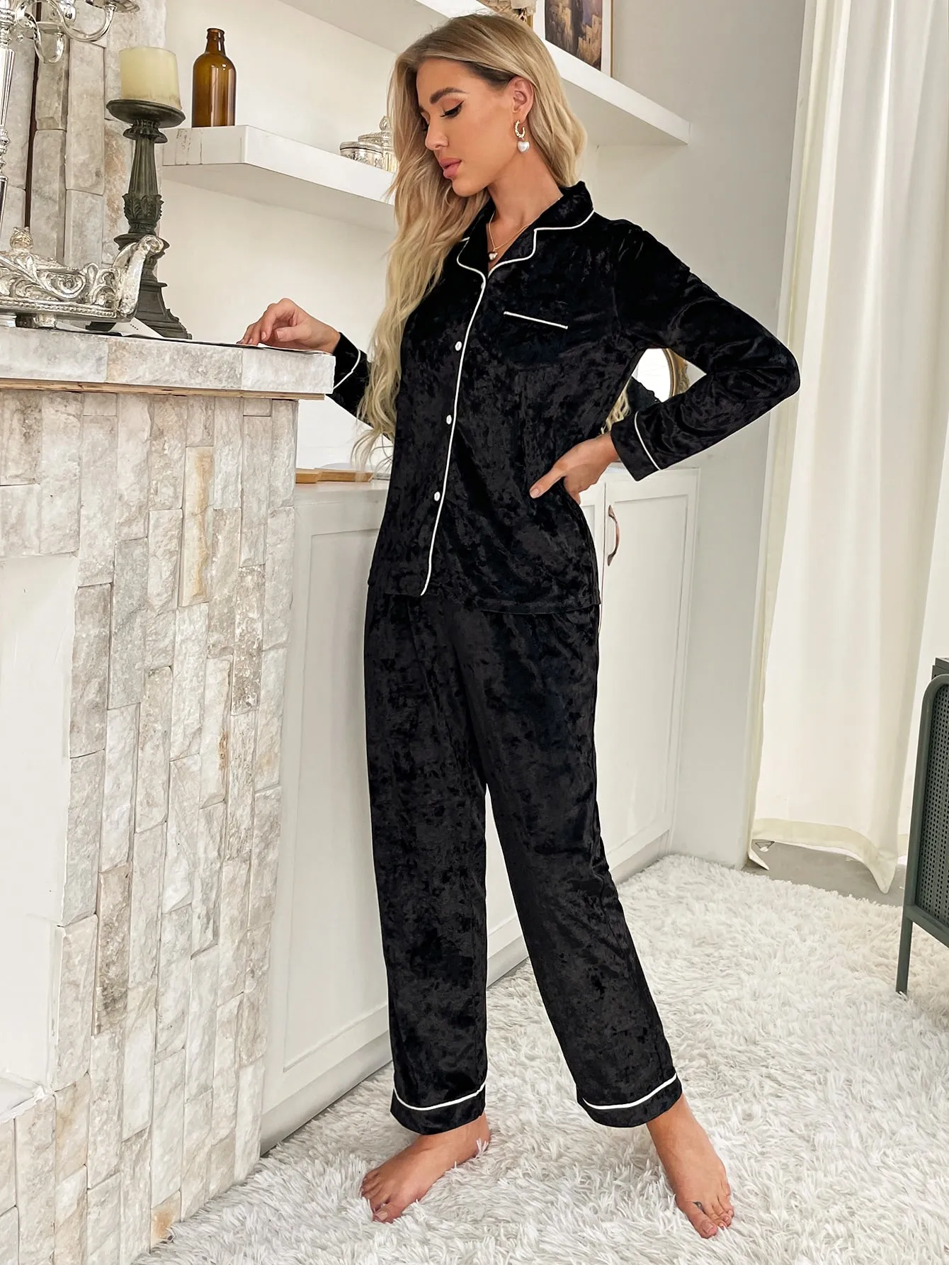 Casual Plain Contrast Binding Long Sleeve Lapel Women Pajama Sets