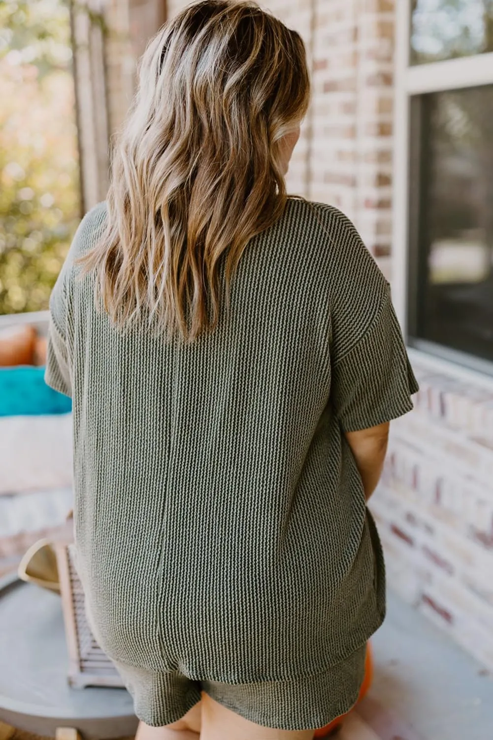 Casual Plus Size Lounge Set: Moss Green Rib Knit Top and Shorts