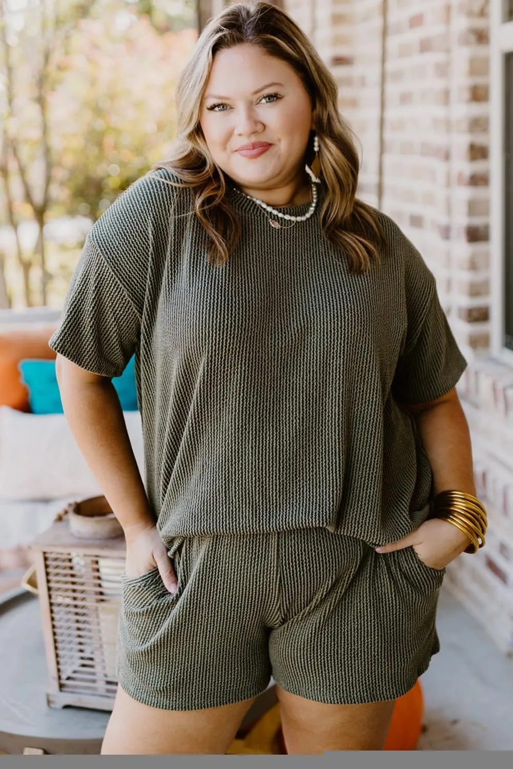 Casual Plus Size Lounge Set: Moss Green Rib Knit Top and Shorts