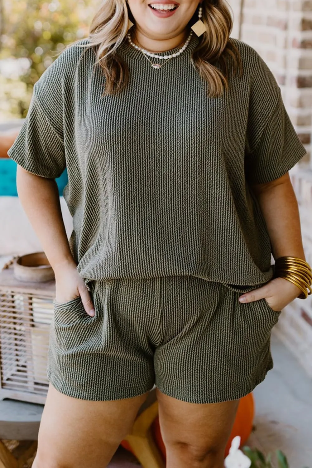 Casual Plus Size Lounge Set: Moss Green Rib Knit Top and Shorts
