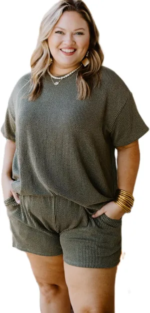 Casual Plus Size Lounge Set: Moss Green Rib Knit Top and Shorts