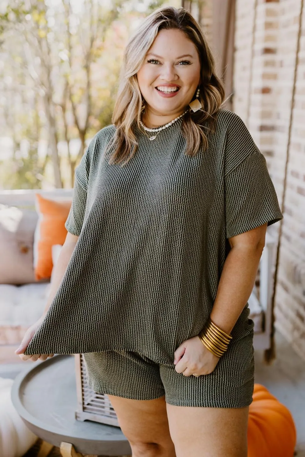 Casual Plus Size Lounge Set: Moss Green Rib Knit Top and Shorts