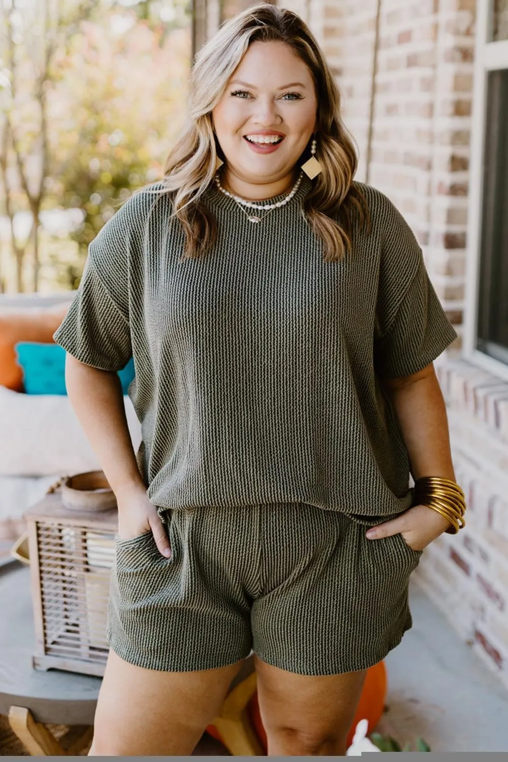 Casual Plus Size Lounge Set: Moss Green Rib Knit Top and Shorts