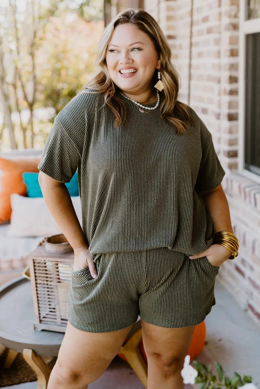 Casual Plus Size Lounge Set: Moss Green Rib Knit Top and Shorts