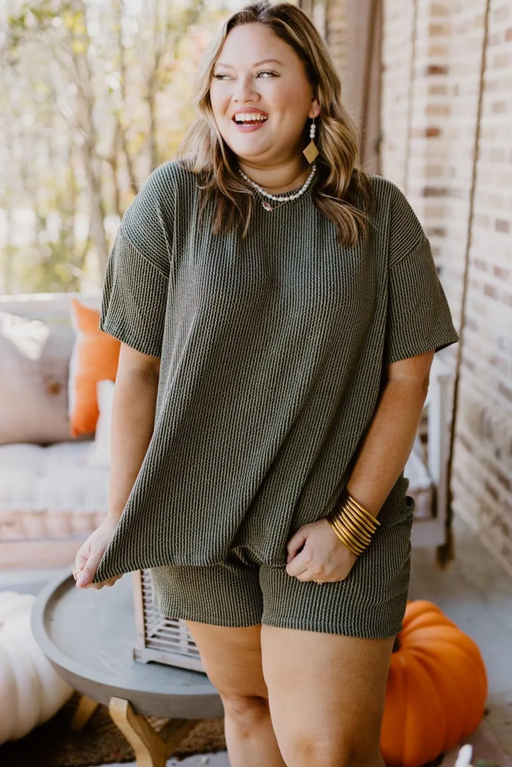 Casual Plus Size Lounge Set: Moss Green Rib Knit Top and Shorts