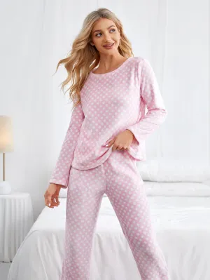 Casual Polka Dot Long Sleeve Round Neck Women Pajama Sets