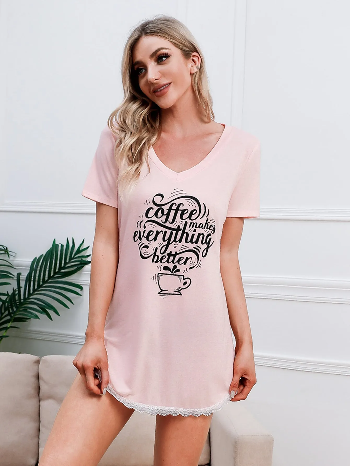 Casual Slogan Contrast Lace Short Sleeve Round Neck Women Nightgowns & Sleepshirts