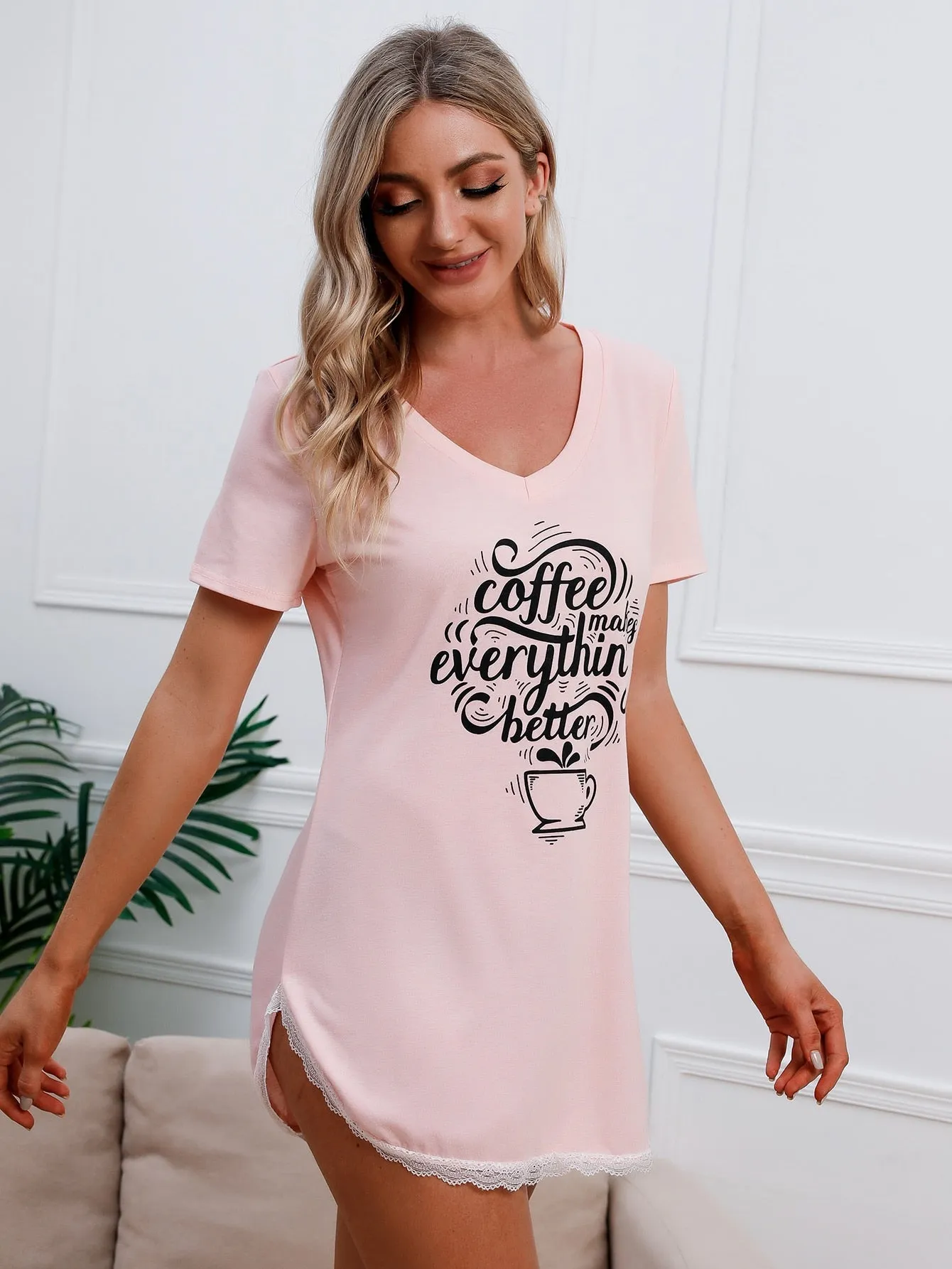 Casual Slogan Contrast Lace Short Sleeve Round Neck Women Nightgowns & Sleepshirts