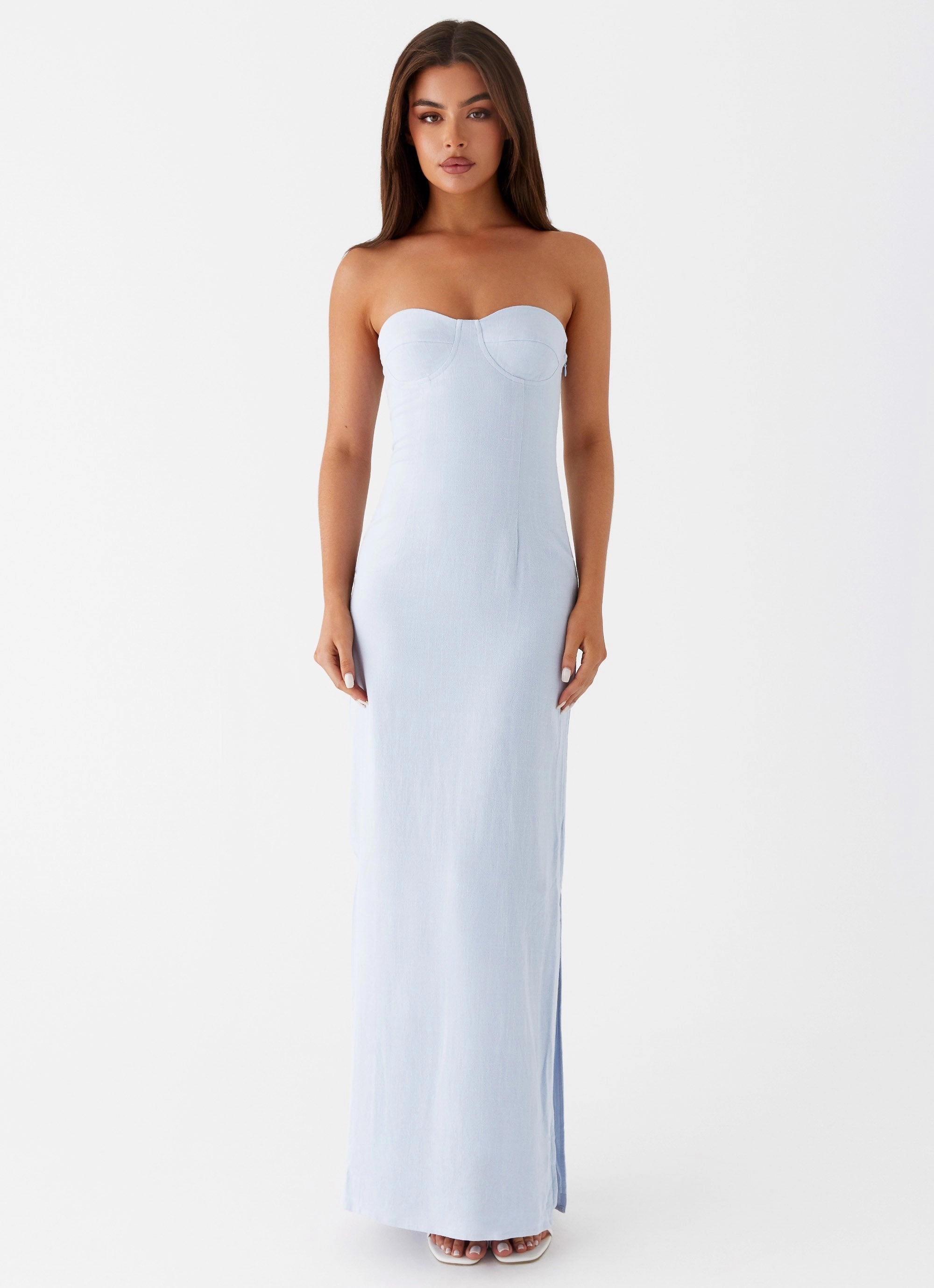 Timeless Shape Soft Wear Esra Linen Strapless Maxi Dress - Blue