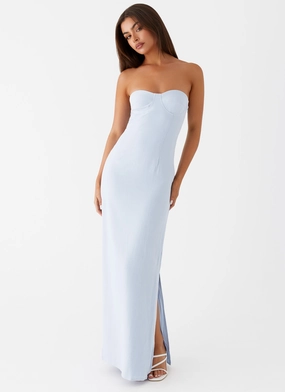 Dual Tones Geometric-pattern Esra Linen Strapless Maxi Dress - Blue