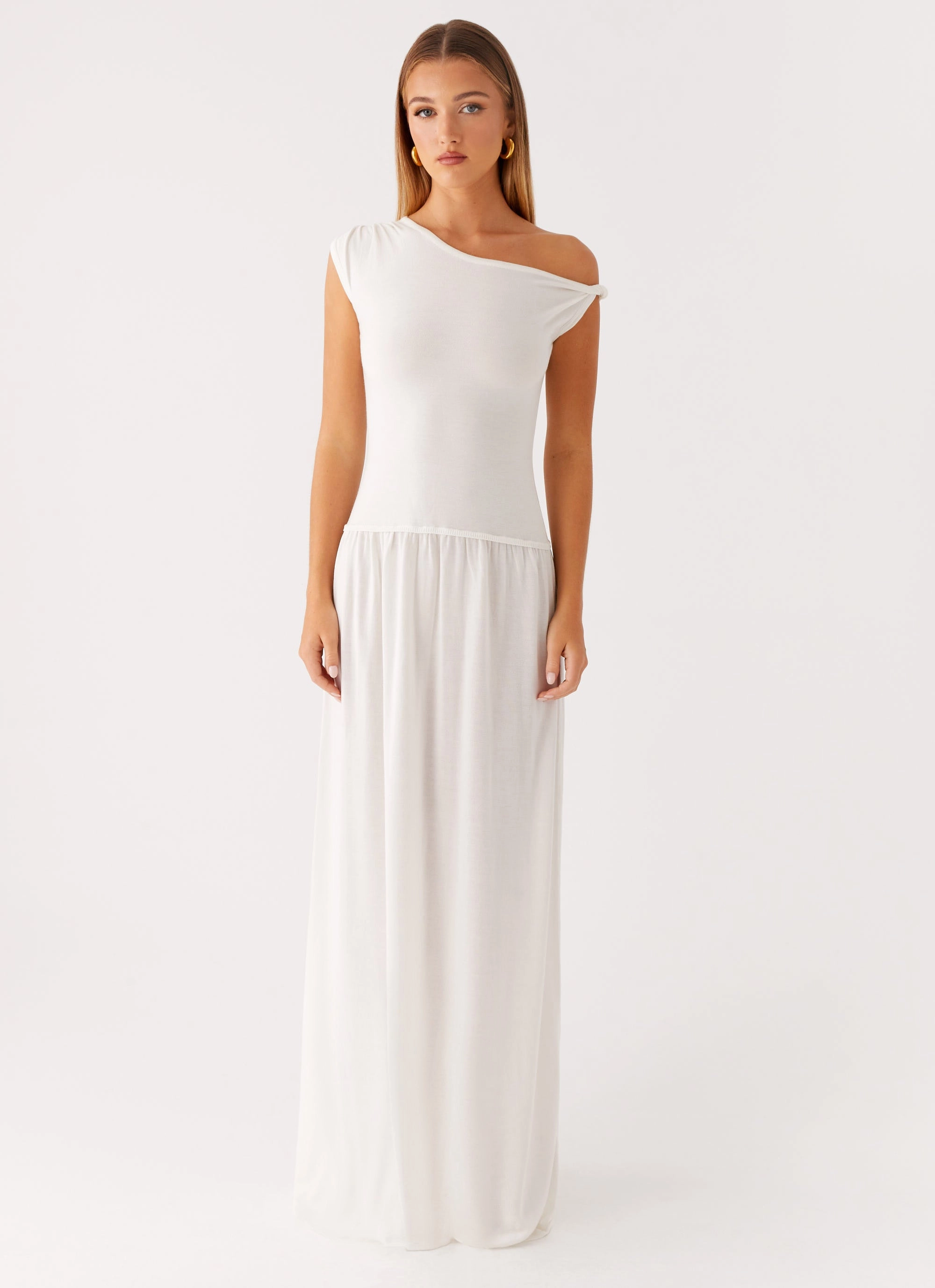 Flawless Fit Embroidered Fabric Ardella One Shoulder Maxi Dress - Ivory