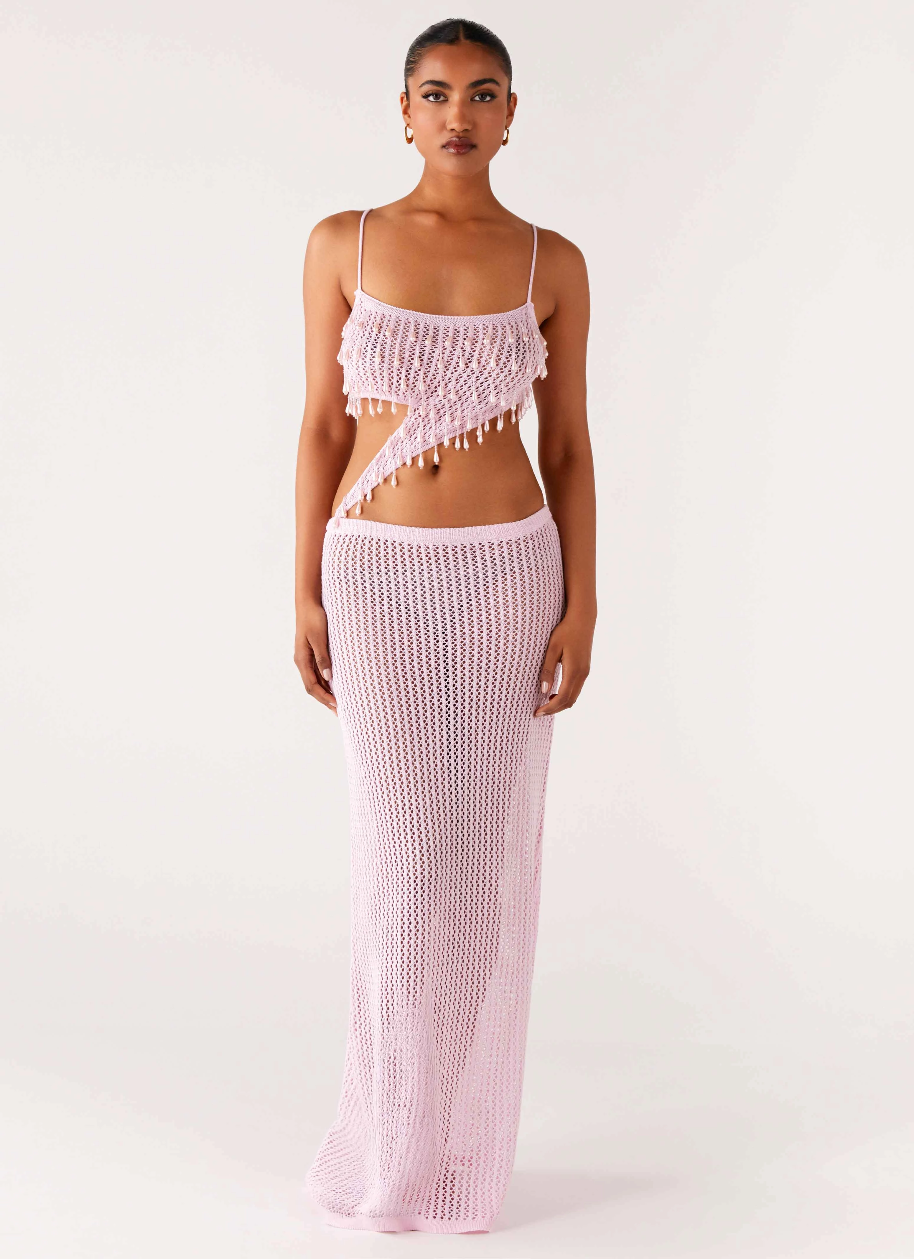 Euro Ease Perfect Length Shellbound Crochet Maxi Dress - Pink