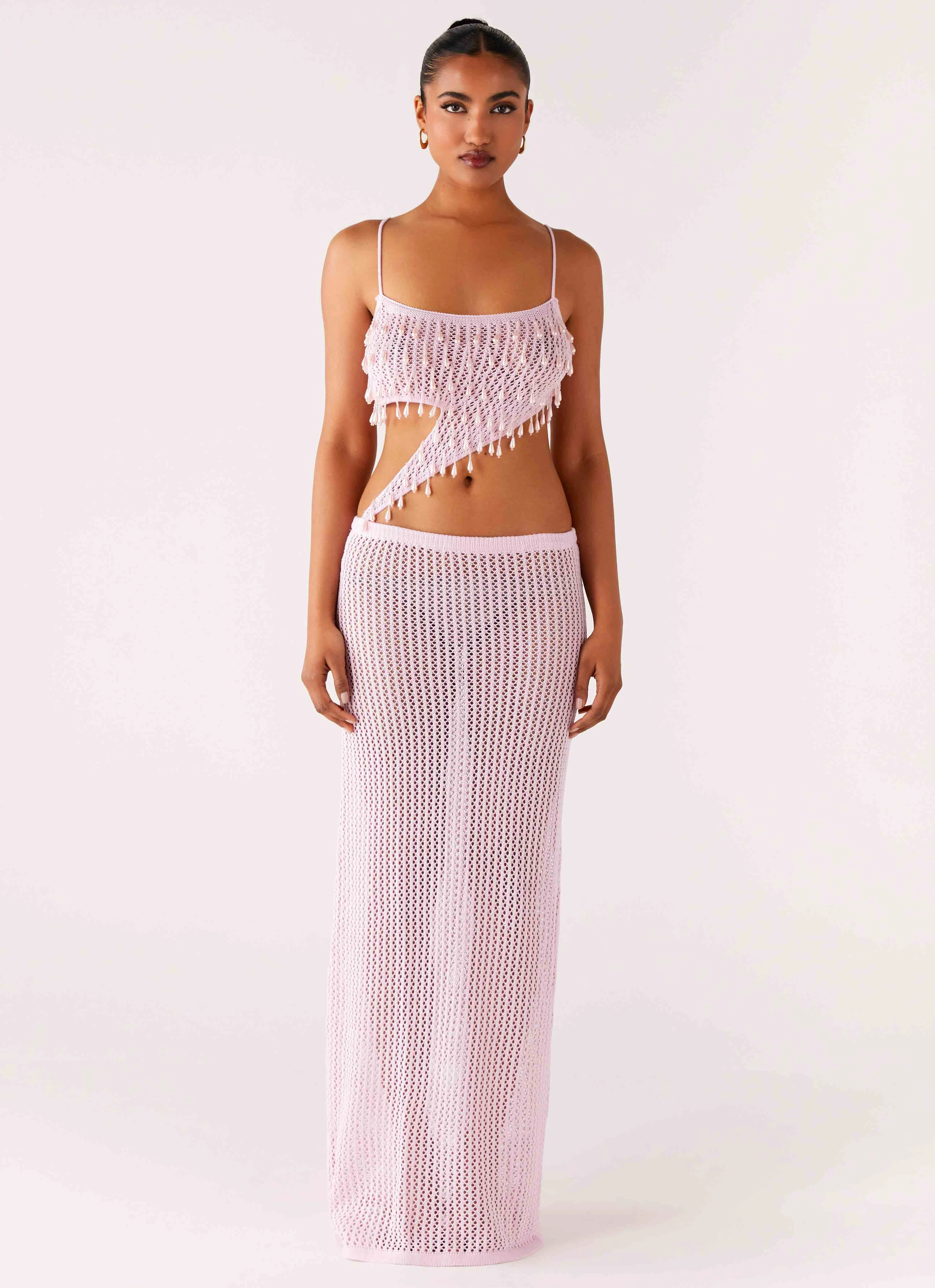 Shellbound Crochet Maxi Dress - Pink Ruffle Detail