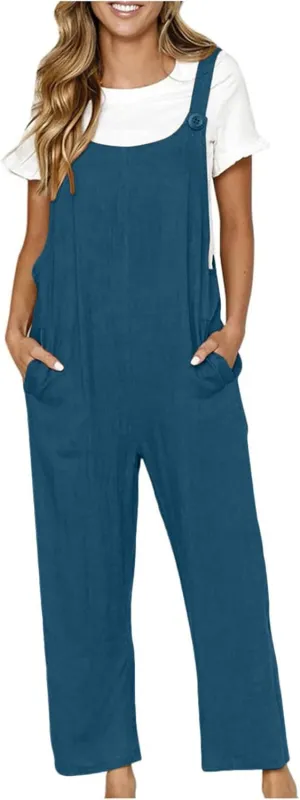 Ceboyel Women Cotton Linen Harem Jumpsuits Sleeveless Strap Summer Overalls Rompers Baggy Oversized Long Pant With Pockets