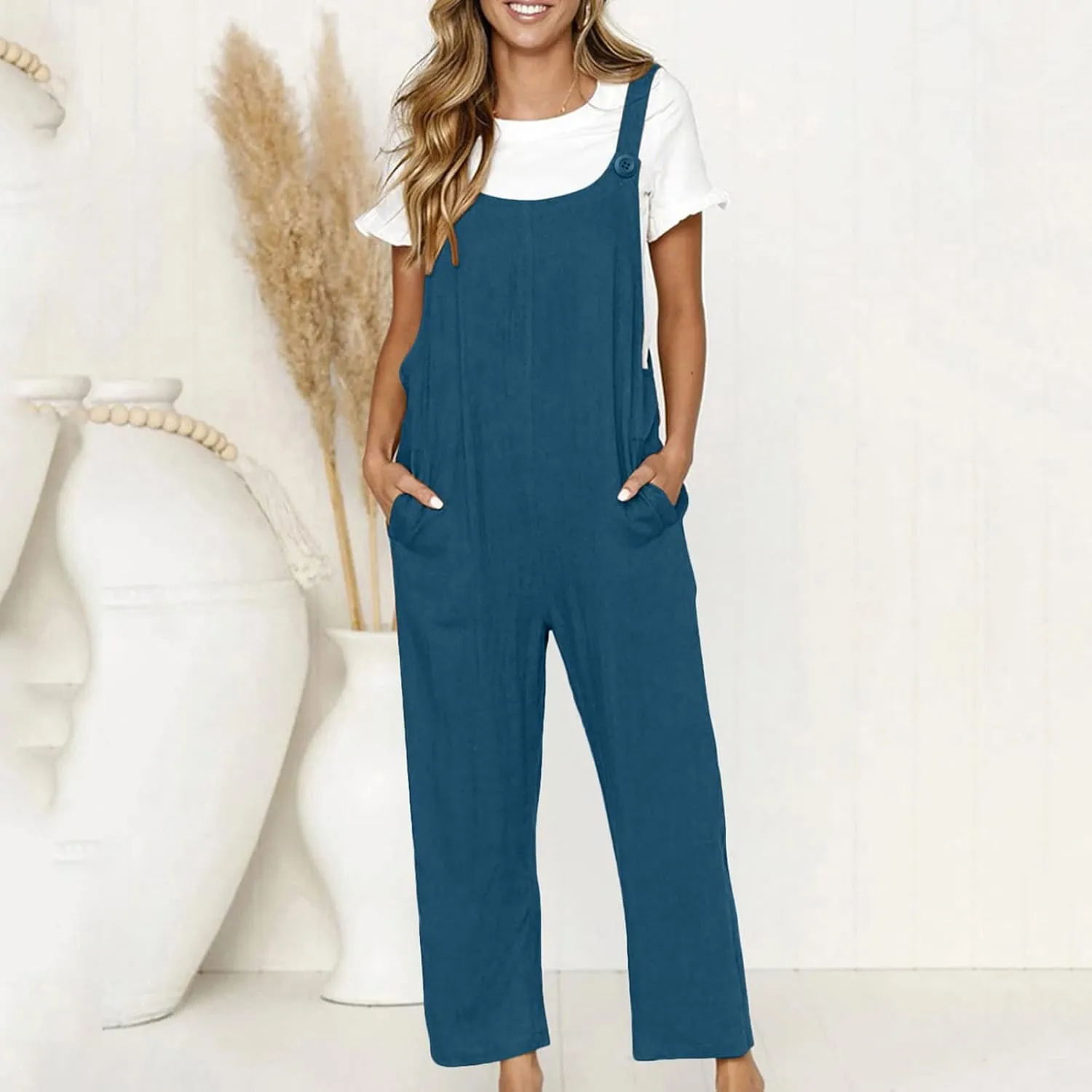 Ceboyel Women Cotton Linen Harem Jumpsuits Sleeveless Strap Summer Overalls Rompers Baggy Oversized Long Pant With Pockets