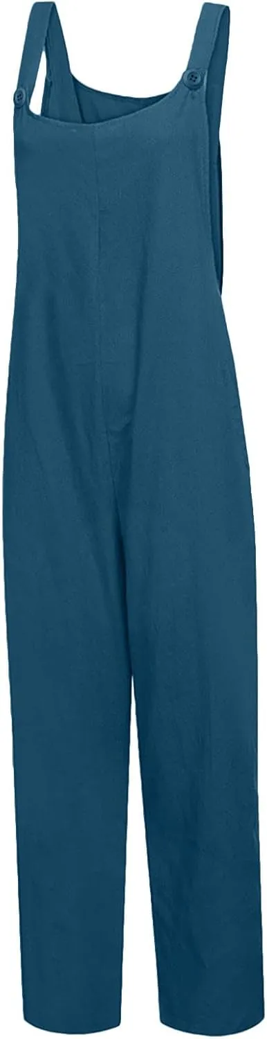 Ceboyel Women Cotton Linen Harem Jumpsuits Sleeveless Strap Summer Overalls Rompers Baggy Oversized Long Pant With Pockets